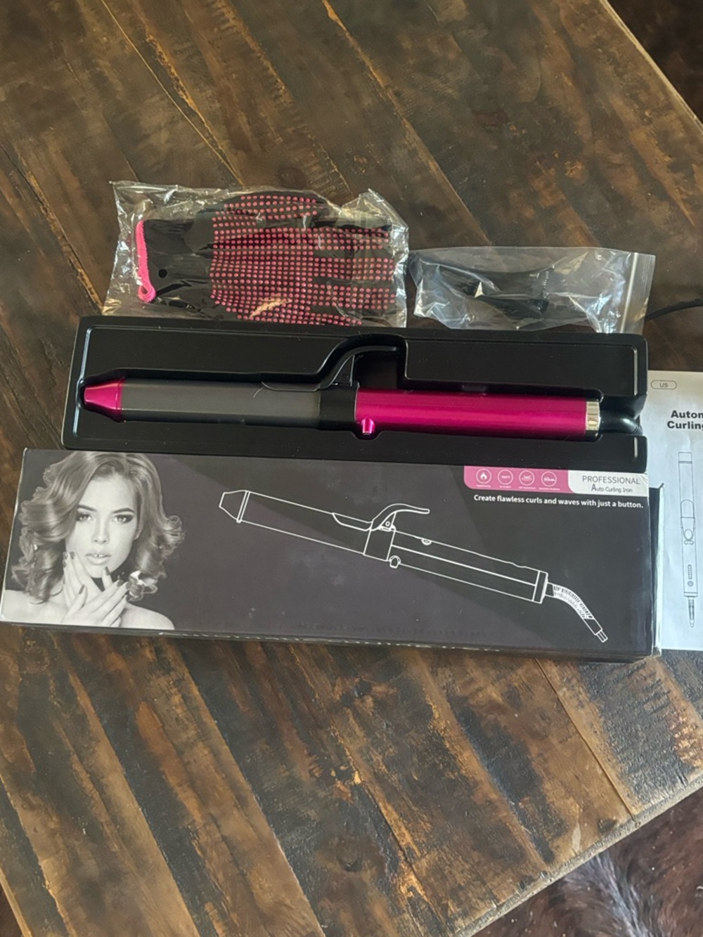 Pinkish Metallic Professional Automatic Curling Iron with Clips and Glove